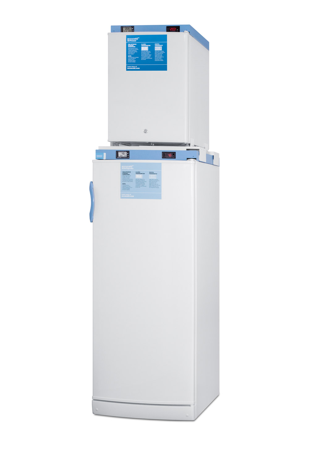 Stacked combination of FFAR10MED2 auto defrost all-refrigerator and FS30LMED2 compact manual defrost all-freezer, both with locks, digital controls, and NIST calibrated alarm/thermometers